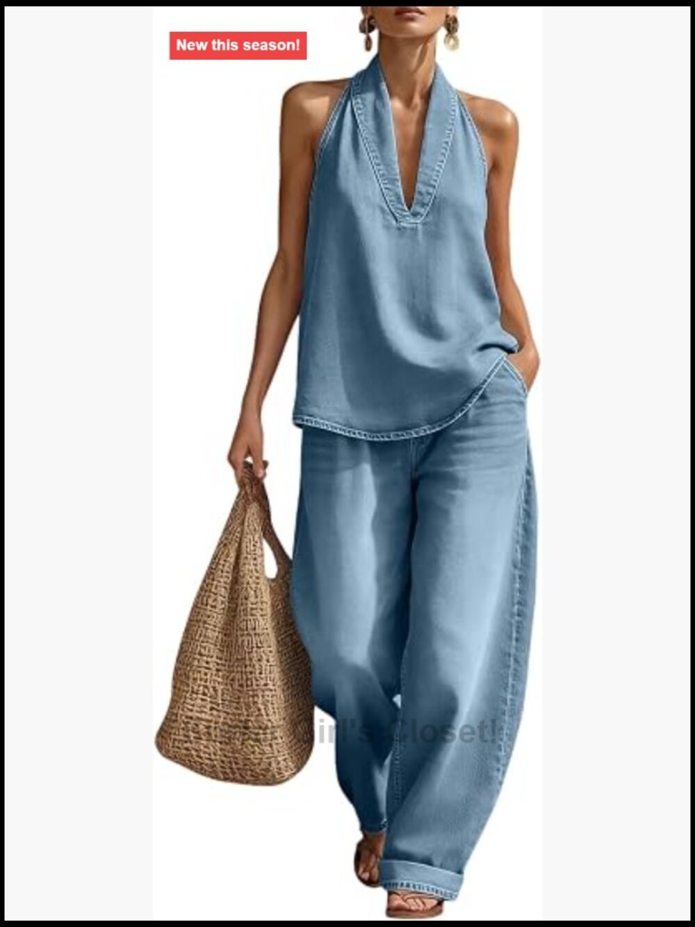 Womens 2 Piece Denim Outfit Halter Neck Top Wide Leg Pant Matching Set